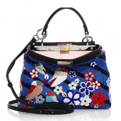 Fendi Peekaboo Mini Beaded Denim Satchel Blue-Multi