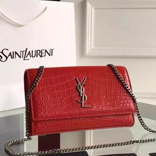 Saint Laurent Medium Monogram Satchel In Red Crocodile Leather